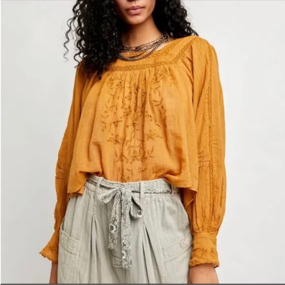 Free People Faraway Fields embroidered smock top in Mustard/Gold Size S